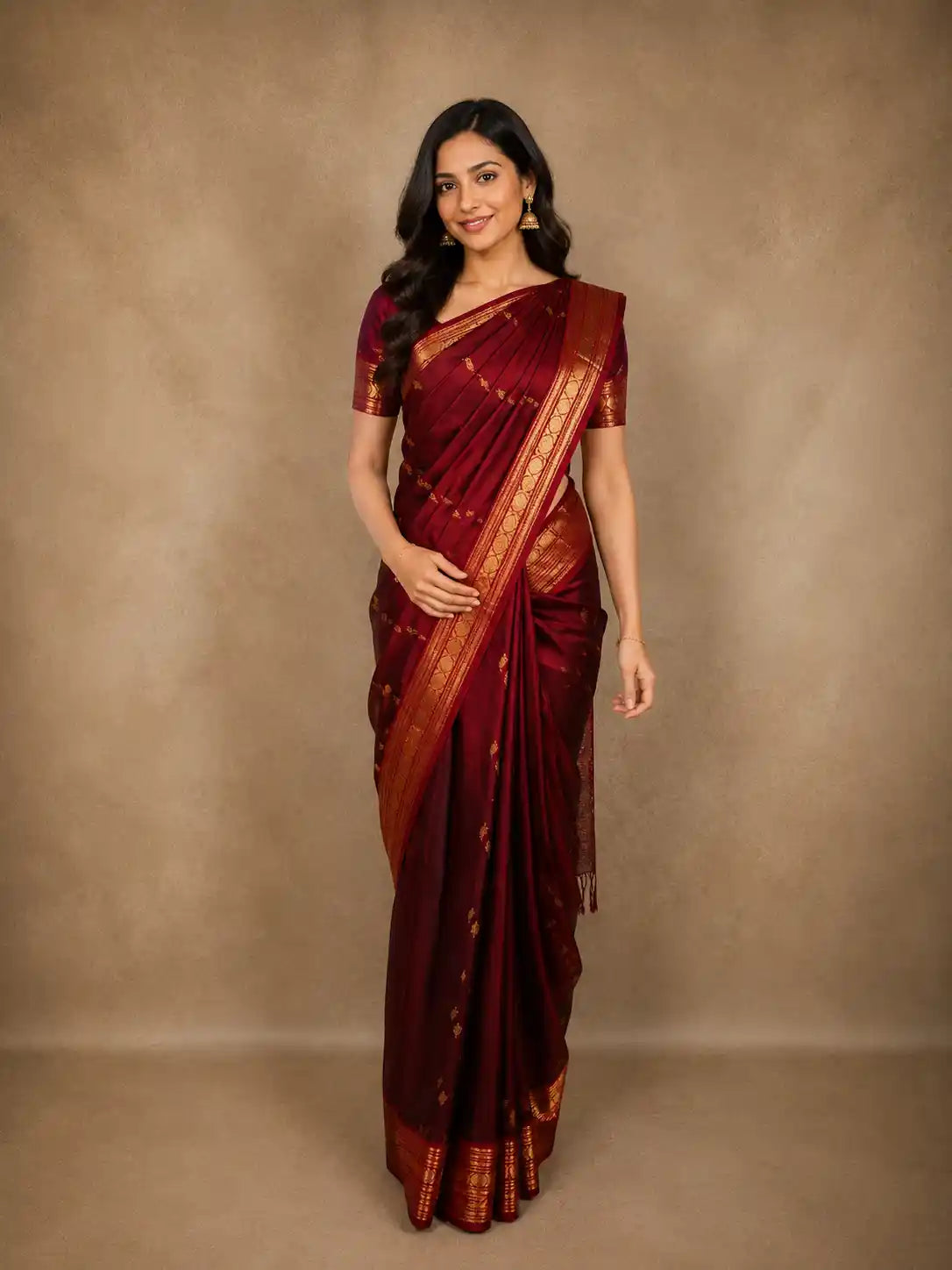 Deep Wine Maroon Butta Woven Design Pure Kanchipuram Silk Saree with Contrast Border