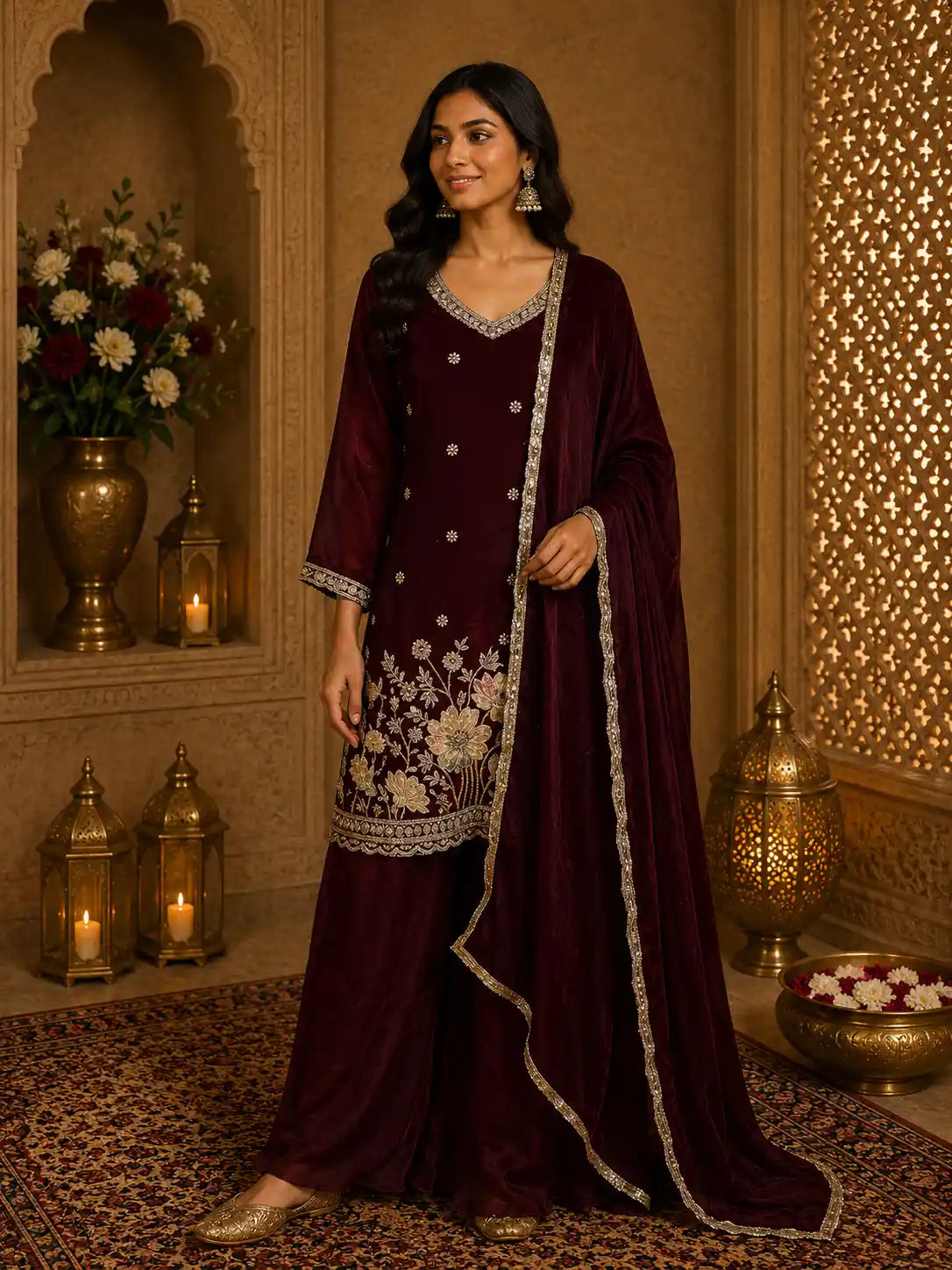 Deep Wine Maroon Floral Sequins and Beads Embroidered Design Organza Palazzo Suit with Dupatta