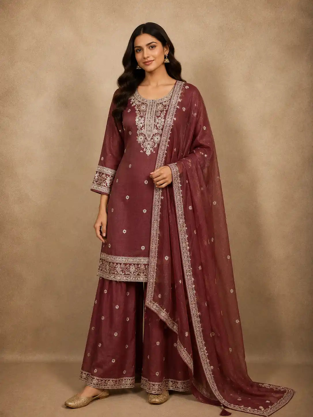 Deep Wine Maroon Floral Zari and Beads Embroidered Design Tissue Organza Palazzo Suit with Dupatta
