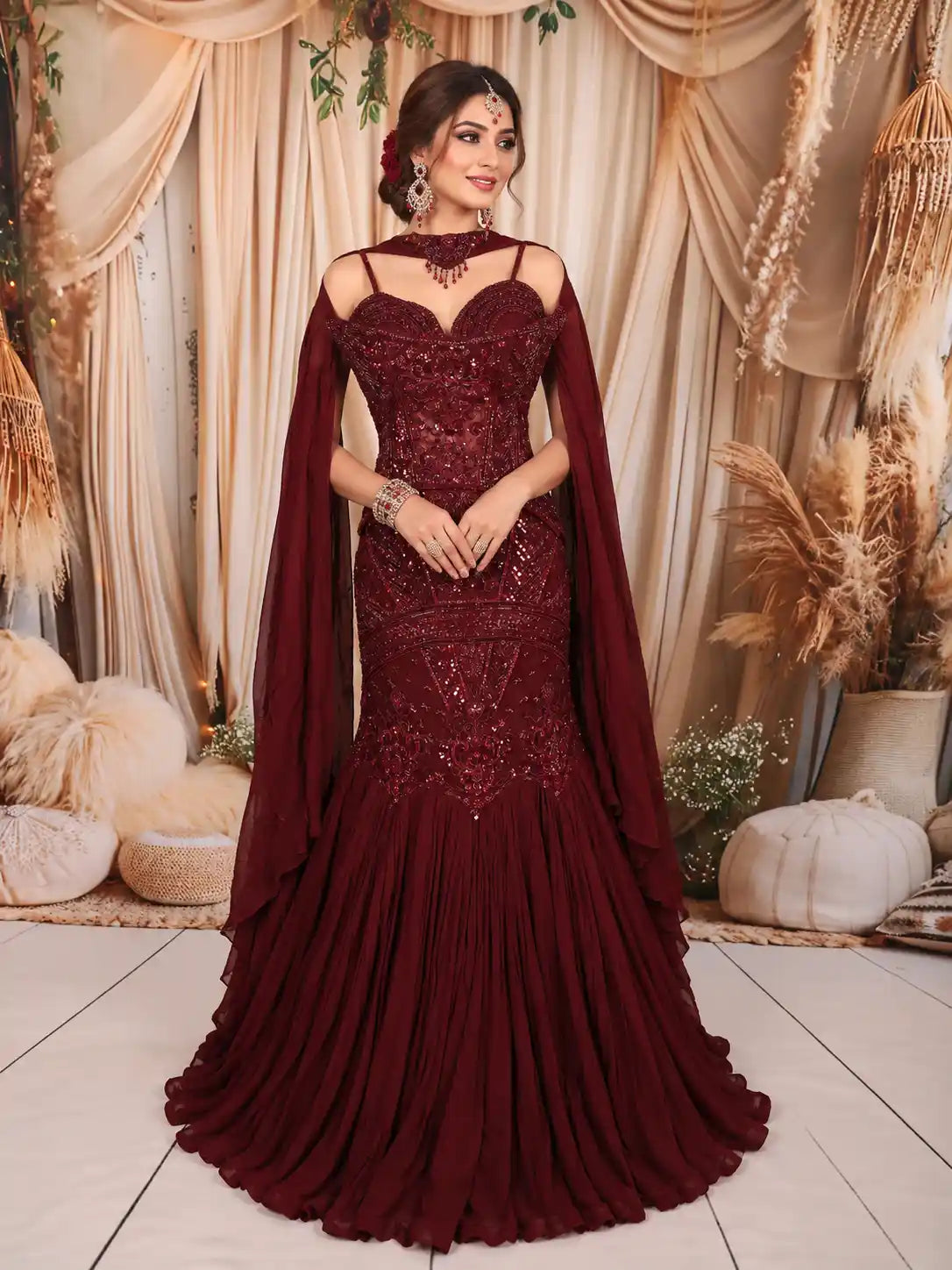 Deep Wine Maroon Heavy Sequins and Beads Embroidered Design Net Mermaid Bridal Lehenga and Off Shoulder Corset Blouse  with Matching Choker Dupatta