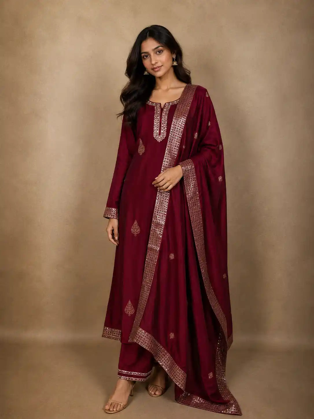 Deep Wine Paisley Butta Zari Woven Design Semi Silk Salwar Suit
