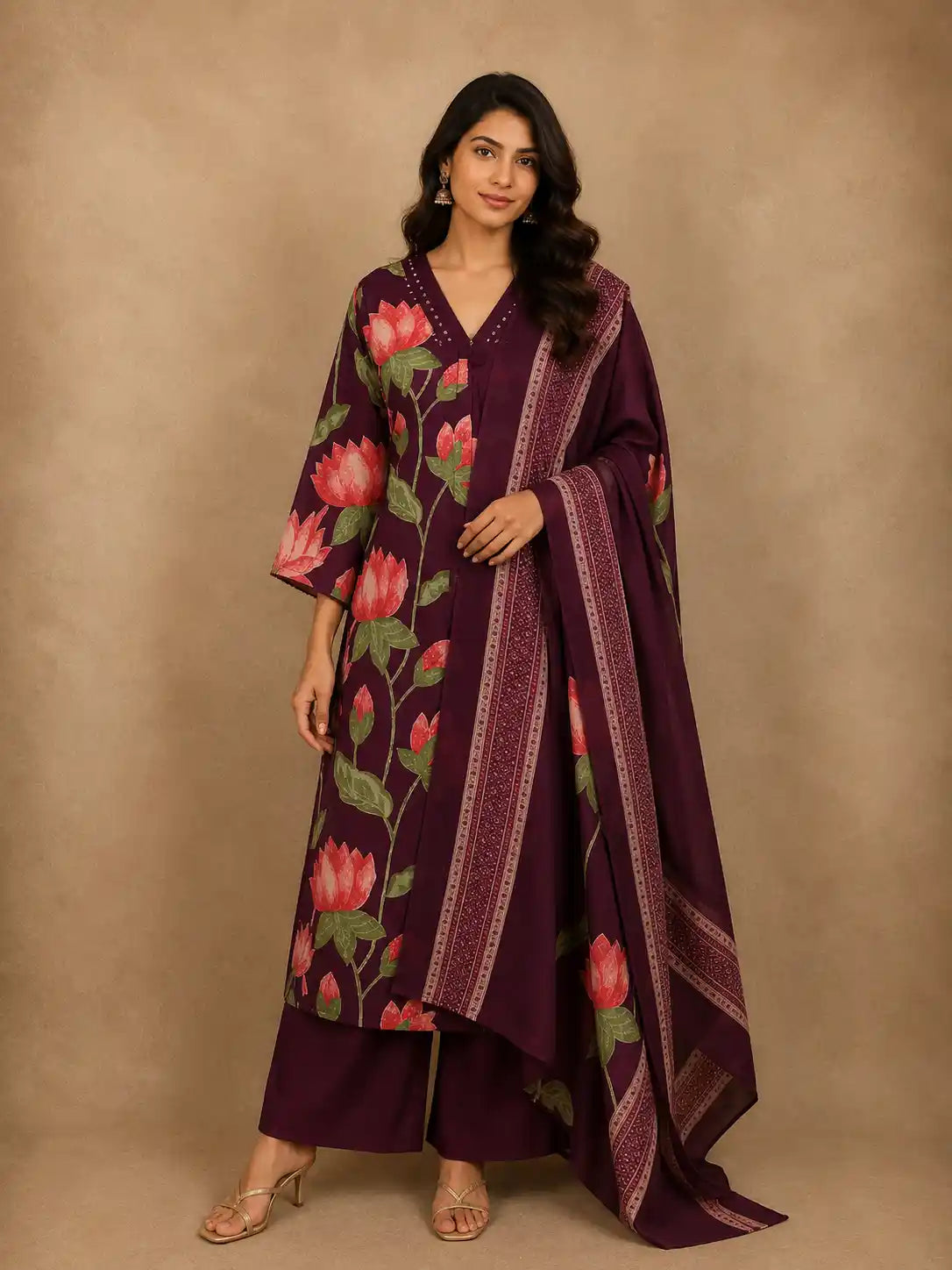 Deep Wine Plum Purple Floral Printed Design Cotton Salwar Suit with Dupatta