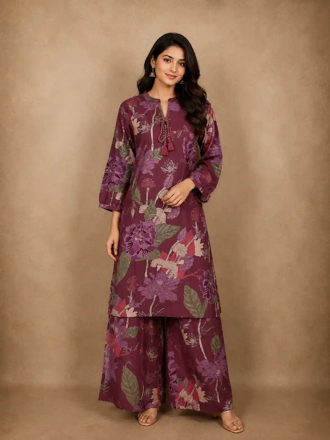 Deep Wine Purple Floral Printed Design Cotton Co-ord Set