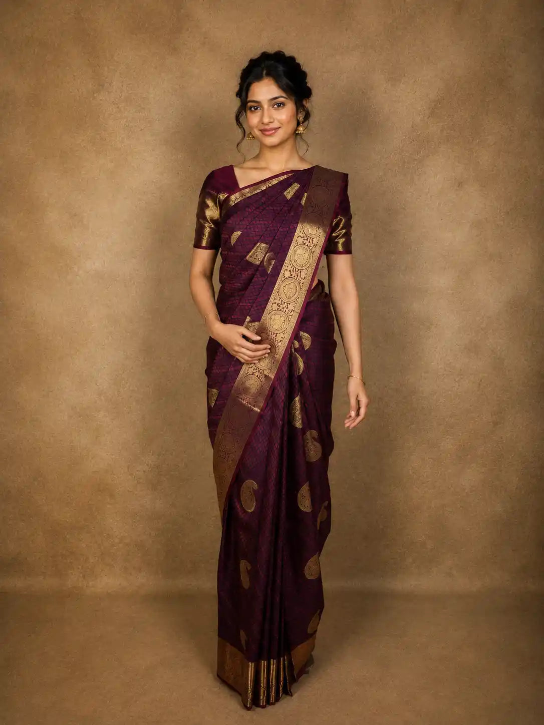 Deep Wine Purple Geometric Zari Woven Design Pure Kanchipuram Silk Saree with Zari Border