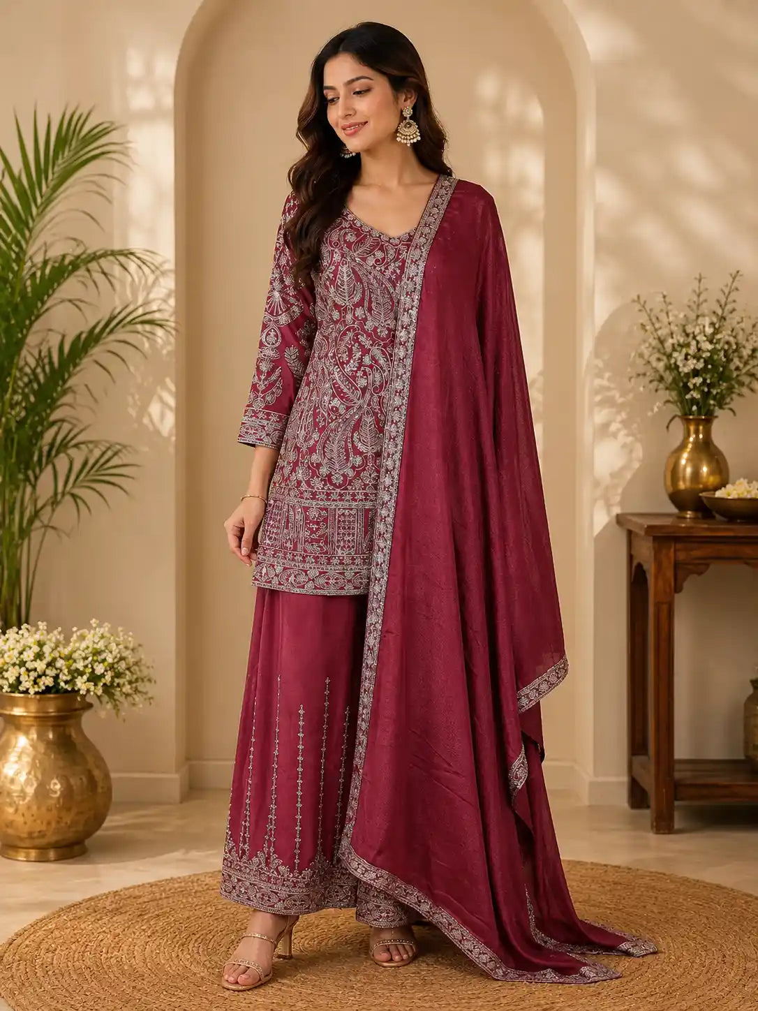 Deep Wine Rose Floral Sequins Embroidered Design Georgette Palazzo Suit with Dupatta