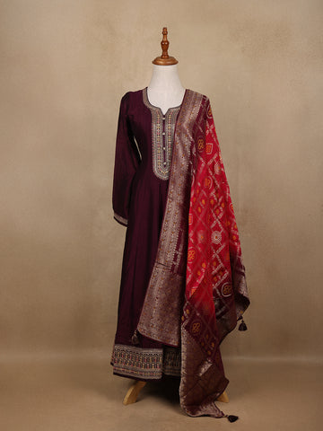 Deep Wine Sequins Design Printed Raw Silk Anarkali Salwar Suit - Diadem