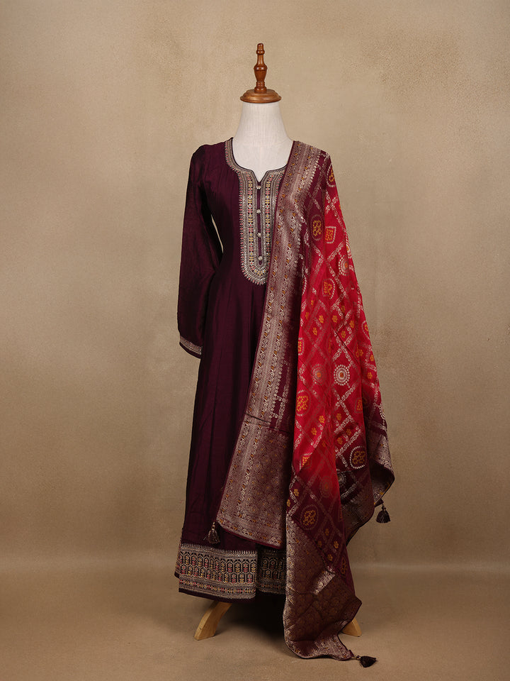 Deep Wine Sequins Design Printed Raw Silk Anarkali Salwar Suit - Diadem
