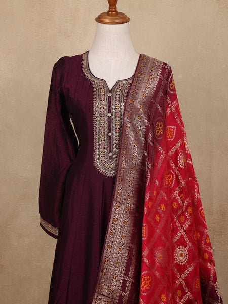 Deep Wine Sequins Design Printed Raw Silk Anarkali Salwar Suit - Diadem