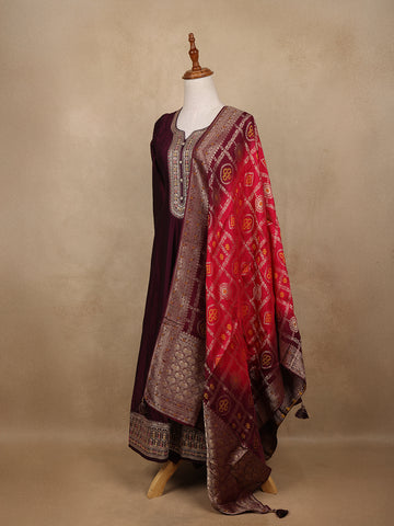 Deep Wine Sequins Design Printed Raw Silk Anarkali Salwar Suit - Diadem