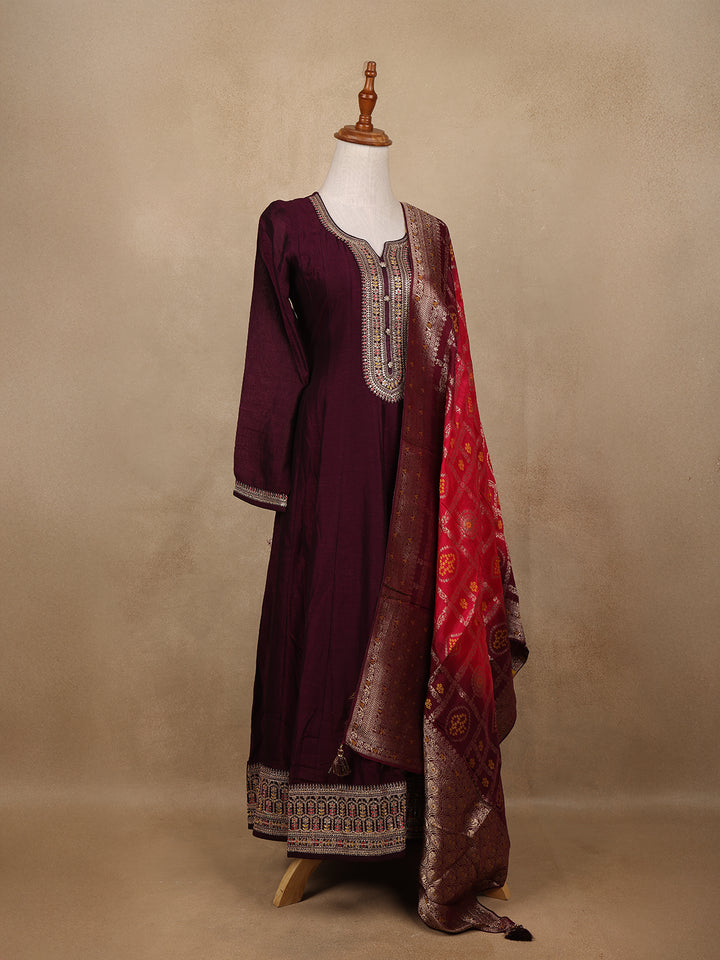 Deep Wine Sequins Design Printed Raw Silk Anarkali Salwar Suit - Diadem