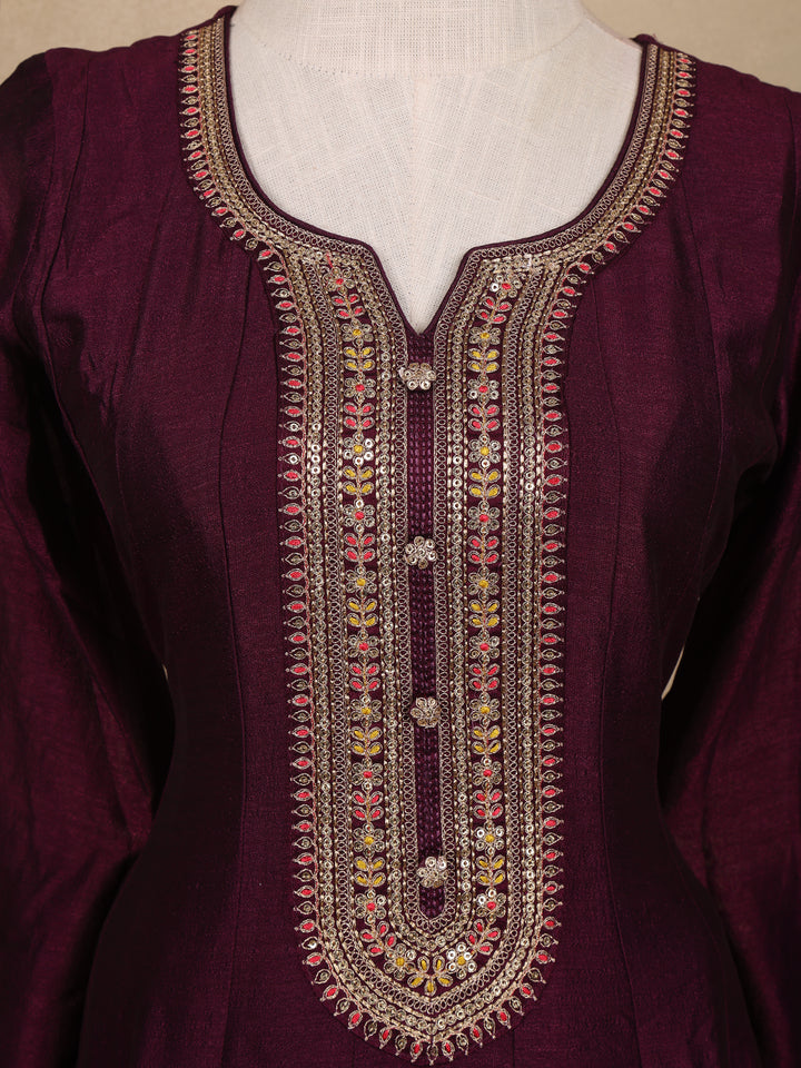 Deep Wine Sequins Design Printed Raw Silk Anarkali Salwar Suit - Diadem