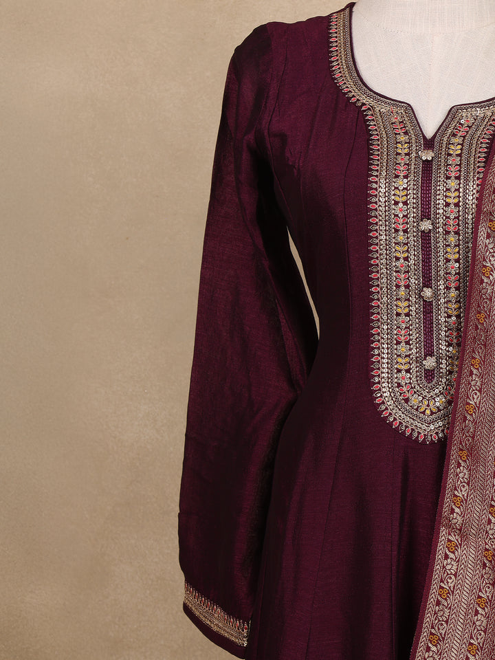 Deep Wine Sequins Design Printed Raw Silk Anarkali Salwar Suit - Diadem