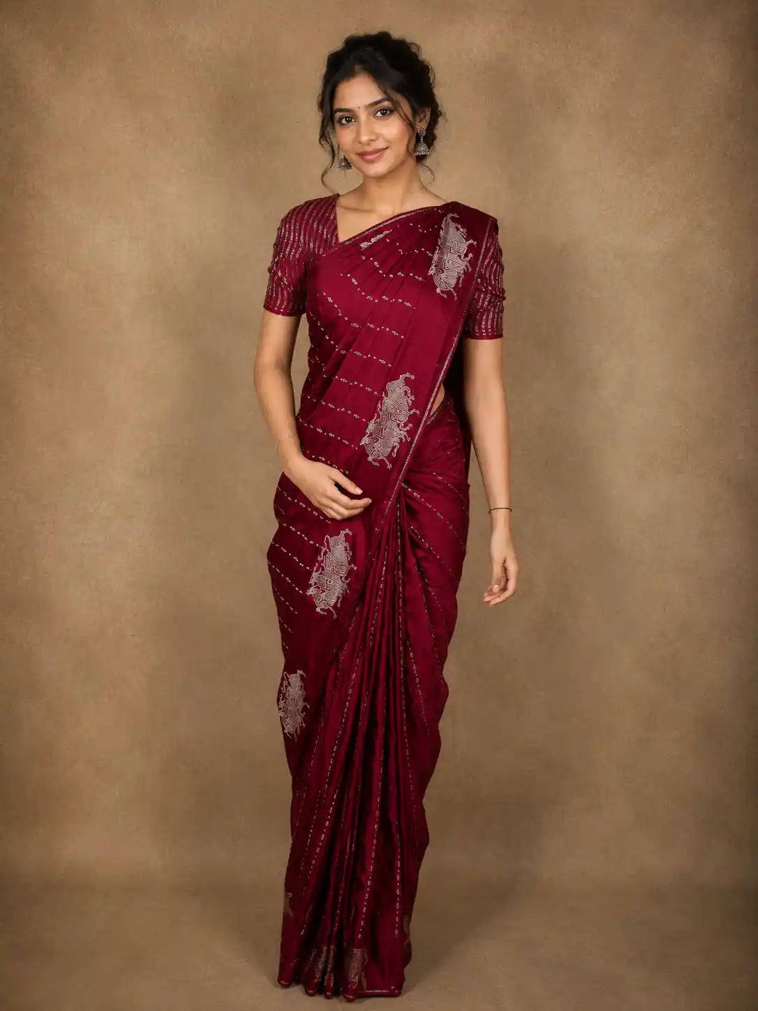 Deep Wine Striped Zari Woven Design Semi Banarasi Saree with Animal Motif Border
