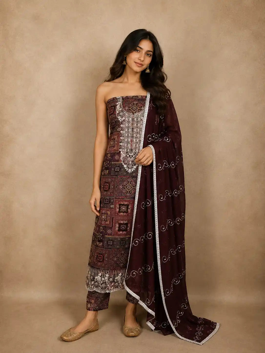 Deep Wine Traditional Ajrakh Printed Design Cotton Unstitched Salwar Material