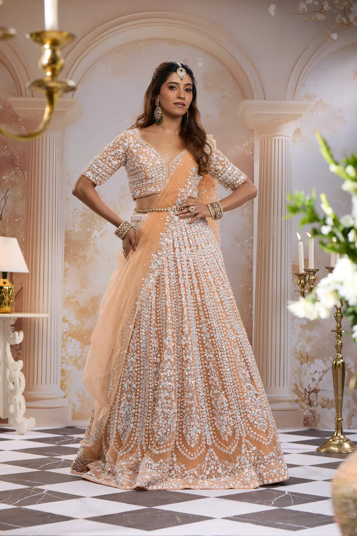 Peach Floral Sequins Embroidered Net Lehenga Set With Dupatta - Diadem