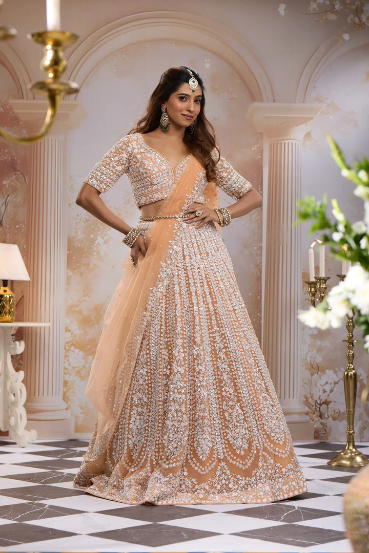 Peach Floral Sequins Embroidered Net Lehenga Set With Dupatta - Diadem