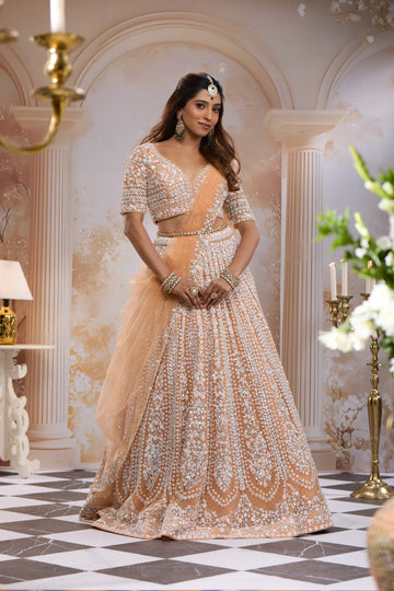 Peach Floral Sequins Embroidered Net Lehenga Set With Dupatta - Diadem