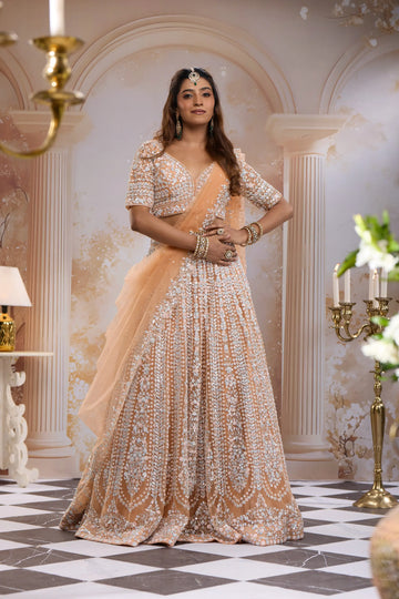 Peach Floral Sequins Embroidered Net Lehenga Set With Dupatta - Diadem