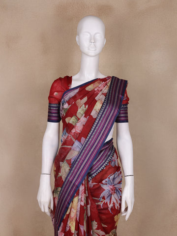 Dominant Red Floral Design Printed Kota Cotton Saree - Diadem
