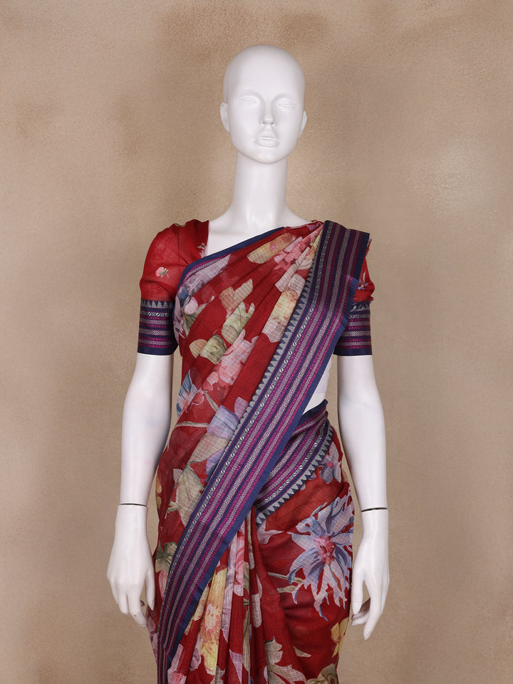 Dominant Red Floral Design Printed Kota Cotton Saree - Diadem