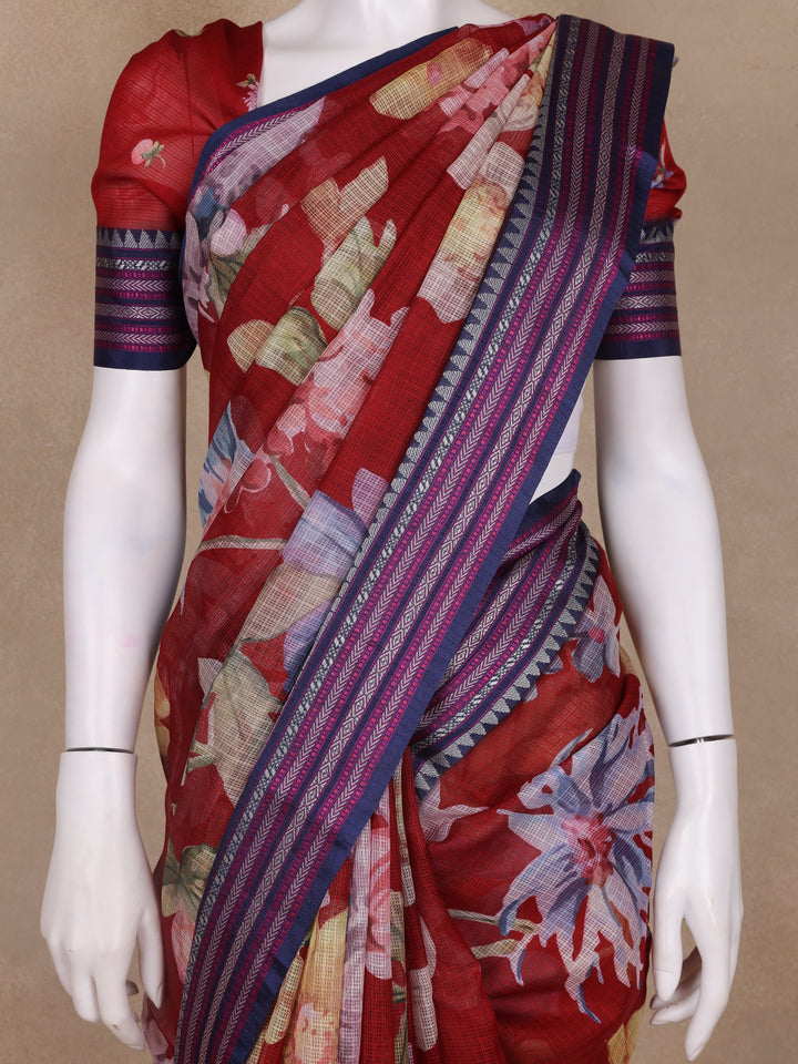 Dominant Red Floral Design Printed Kota Cotton Saree - Diadem