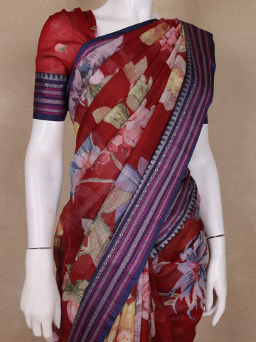 Dominant Red Floral Design Printed Kota Cotton Saree - Diadem