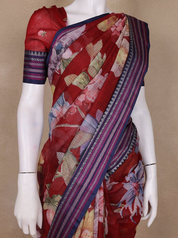Dominant Red Floral Design Printed Kota Cotton Saree - Diadem