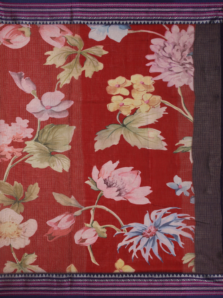 Dominant Red Floral Design Printed Kota Cotton Saree - Diadem