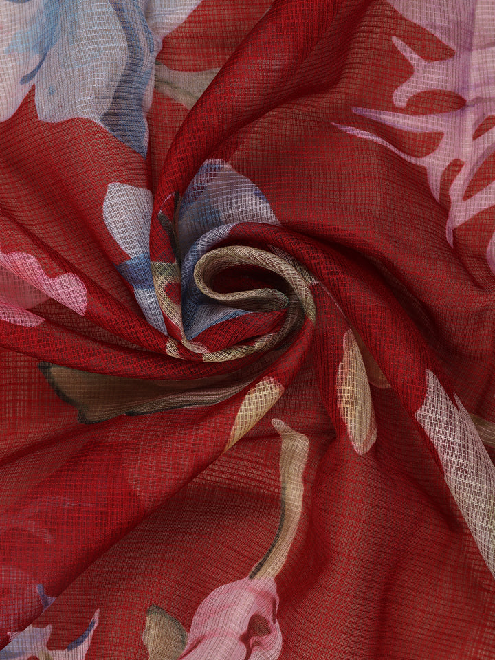 Dominant Red Floral Design Printed Kota Cotton Saree - Diadem