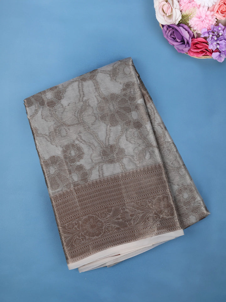 Dove Grey Floral Design Woven Tissue Silk Saree - Diadem