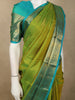 Dual-Tone Lime Parrot Green Striped and Butta Zari Woven Design Pure Kanchipuram Silk Saree with Contrast Floral Zari Border