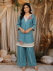 Dusty Aqua Blue Floral Thread embroidered Design Cotton Straight Cut Salwar Suit