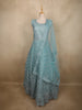 Dusty Aqua Teal Blue Floral Thread and Mirror Embroidered Design Net Anarkali Gown with Dupatta