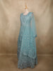 Dusty Aqua Teal Blue Floral Thread and Mirror Embroidered Design Net Anarkali Gown with Dupatta