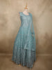 Dusty Aqua Teal Blue Floral Thread and Mirror Embroidered Design Net Anarkali Gown with Dupatta