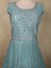 Dusty Aqua Teal Blue Floral Thread and Mirror Embroidered Design Net Anarkali Gown with Dupatta