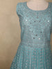 Dusty Aqua Teal Blue Floral Thread and Mirror Embroidered Design Net Anarkali Gown with Dupatta
