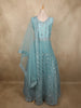 Dusty Aqua Teal Blue Floral Thread and Mirror Embroidered Design Net Anarkali Gown with Dupatta