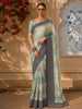 Dusty Blue Floral Printed Design Pure Tussar Saree with Thread Work Border