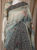 Dusty Blue Floral Printed Design Pure Tussar Saree with Thread Work Border