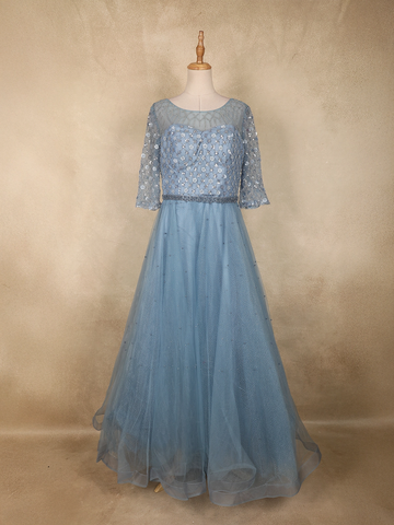 Dusty Blue Floral Sequin Embellished Net Designer Gown | Diadem Dusty Blue Floral Sequin Embellished Net Designer Gown | Diadem