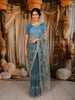 Dusty Blue Floral Vine Stone Embellished Design Pure Tissue Silk Party Wear Saree with Scalloped Border