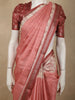 Dusty Coral Pink Checked Zari Woven Design Tussar Silk Saree with Peacock Border