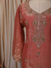 Dusty Coral Pink Floral Sequins and Beads Embroidered Design Tissue Organza Fancy Palazzo Suit with Matching Dupatta