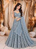 Dusty Ice Blue Heavy Sequins and Beads Embroidered Design Net Bridal Lehenga with Matching Draped Dupatta