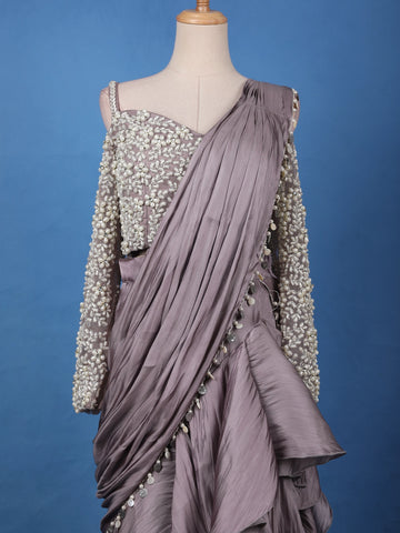 Dusty Lavender Solid Design Ruffle Drape Georgette Ready To Wear Saree - Diadem