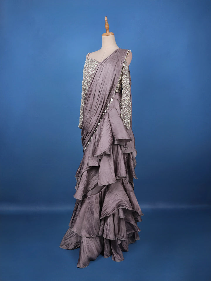 Dusty Lavender Solid Design Ruffle Drape Georgette Ready To Wear Saree - Diadem