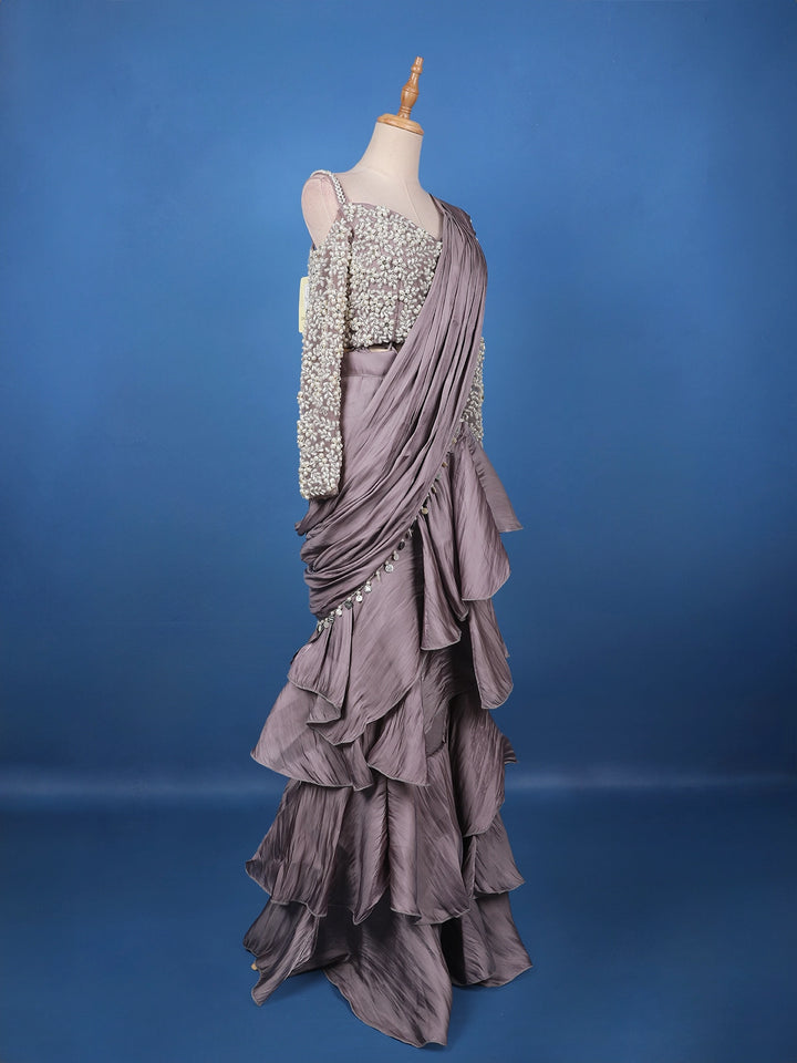 Dusty Lavender Solid Design Ruffle Drape Georgette Ready To Wear Saree - Diadem