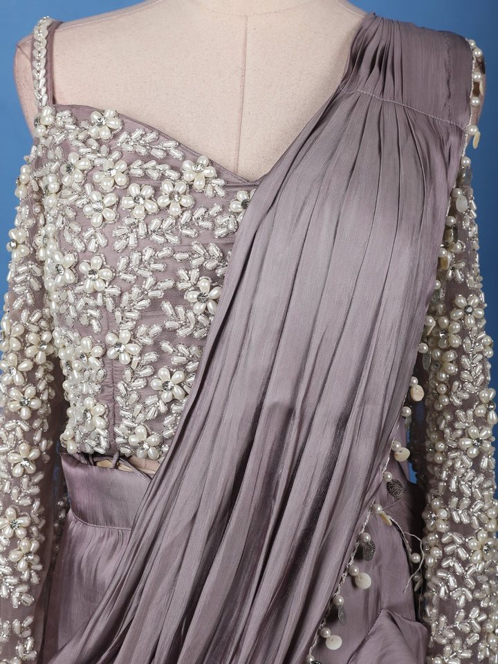 Dusty Lavender Solid Design Ruffle Drape Georgette Ready To Wear Saree - Diadem