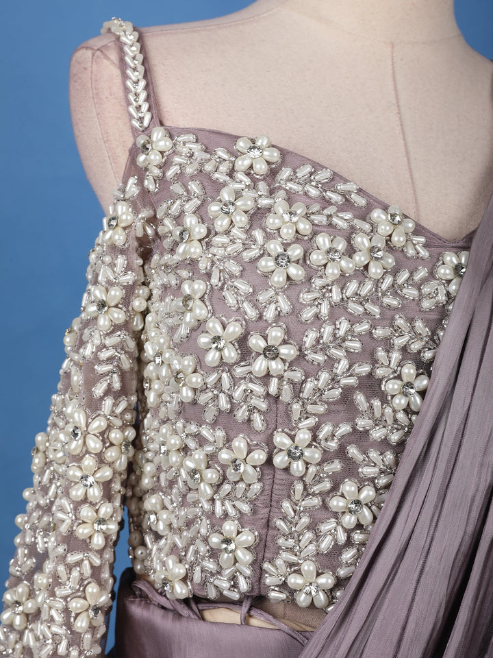 Dusty Lavender Solid Design Ruffle Drape Georgette Ready To Wear Saree - Diadem